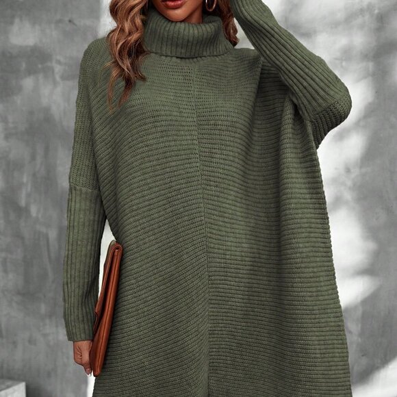 . Dresses & Skirts - Army Green Casual Womens Turtleneck Batwing Sleeve Sweater Dress